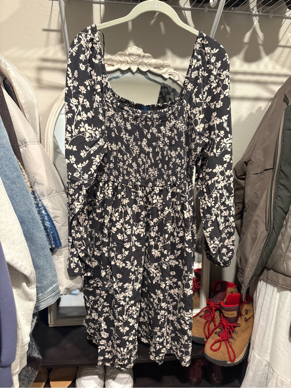 Old Navy Black and Cream Floral Smocked Dress